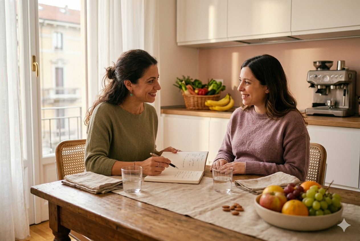 Nutrióloga revisando plan alimentario con una mamá embarazada